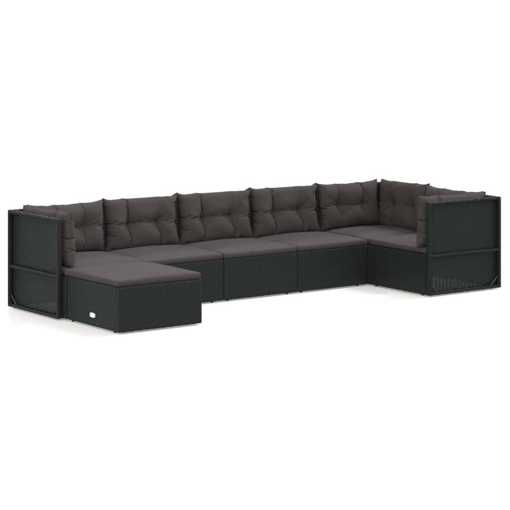 7-tlg. Garten-Lounge-Set mit Kissen Schwarz Poly Rattan