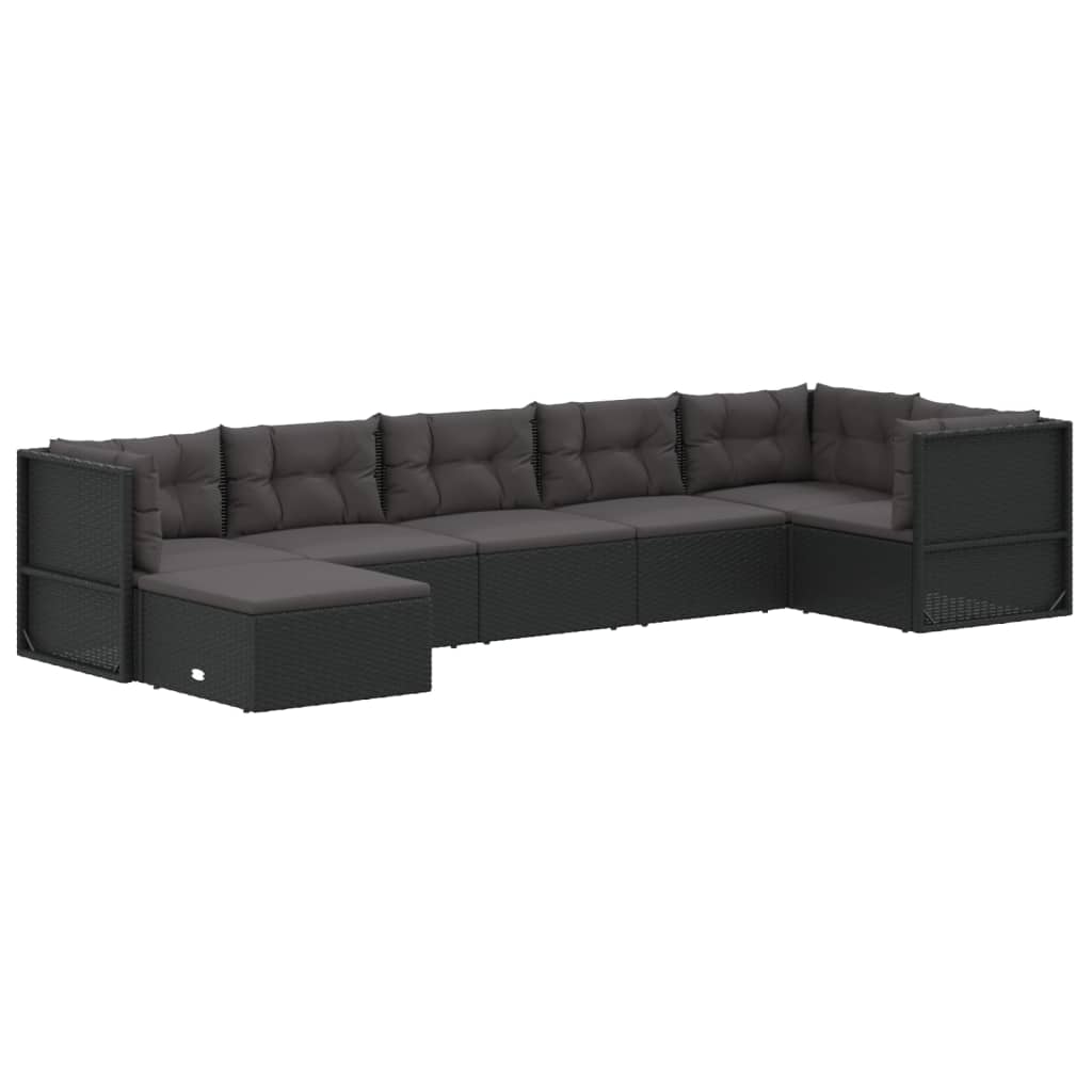 7-tlg. Garten-Lounge-Set mit Kissen Schwarz Poly Rattan