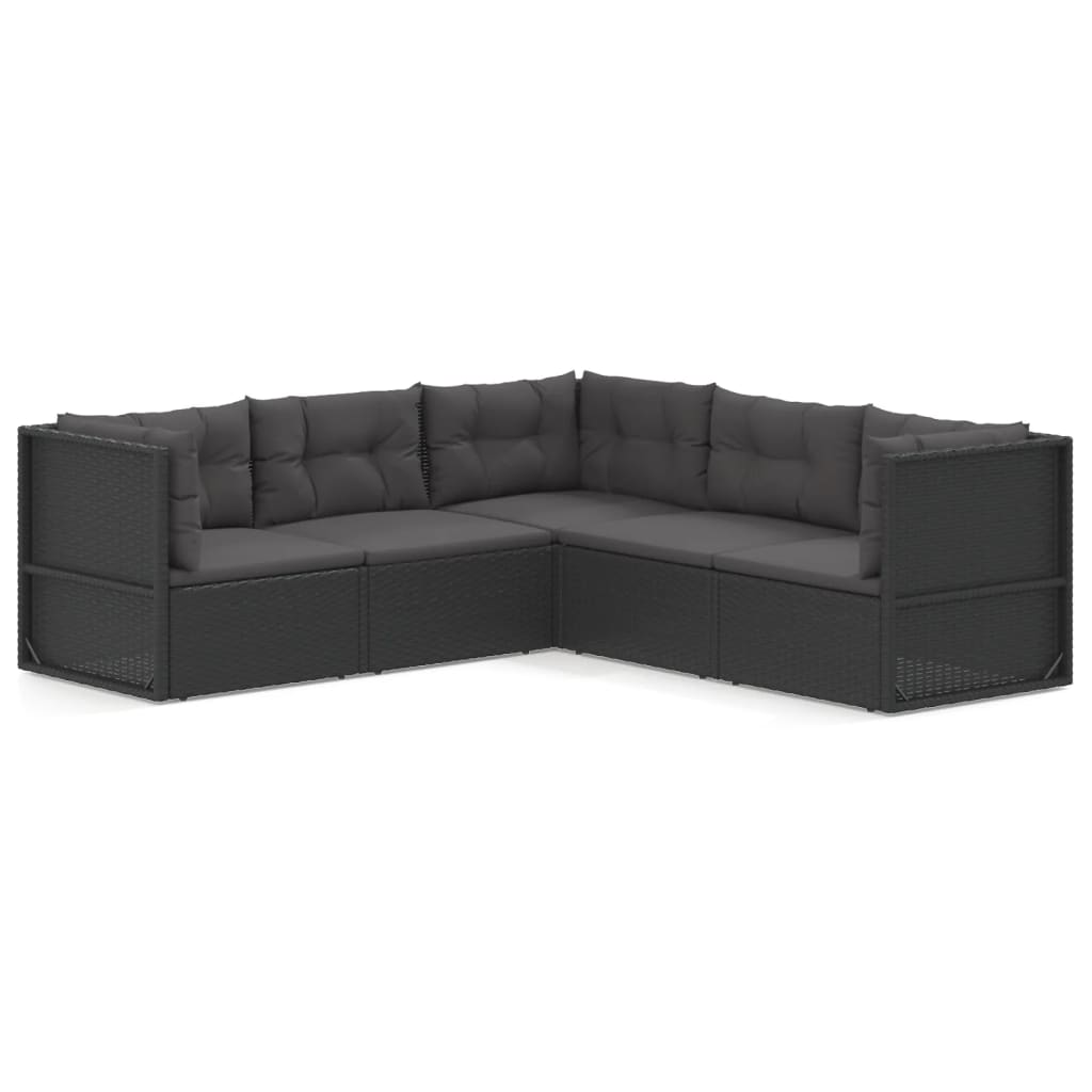 5-tlg. Garten-Lounge-Set mit Kissen Schwarz Poly Rattan