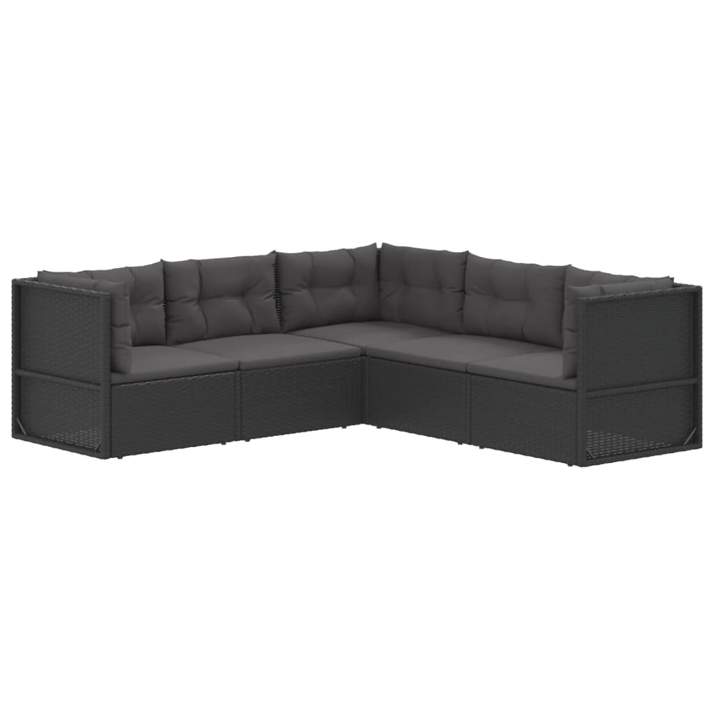 5-tlg. Garten-Lounge-Set mit Kissen Schwarz Poly Rattan