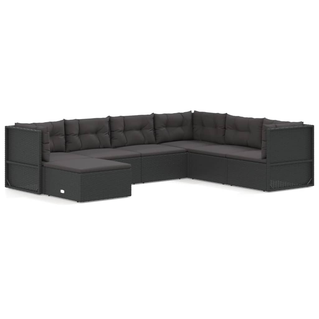 7-tlg. Garten-Lounge-Set mit Kissen Schwarz Poly Rattan