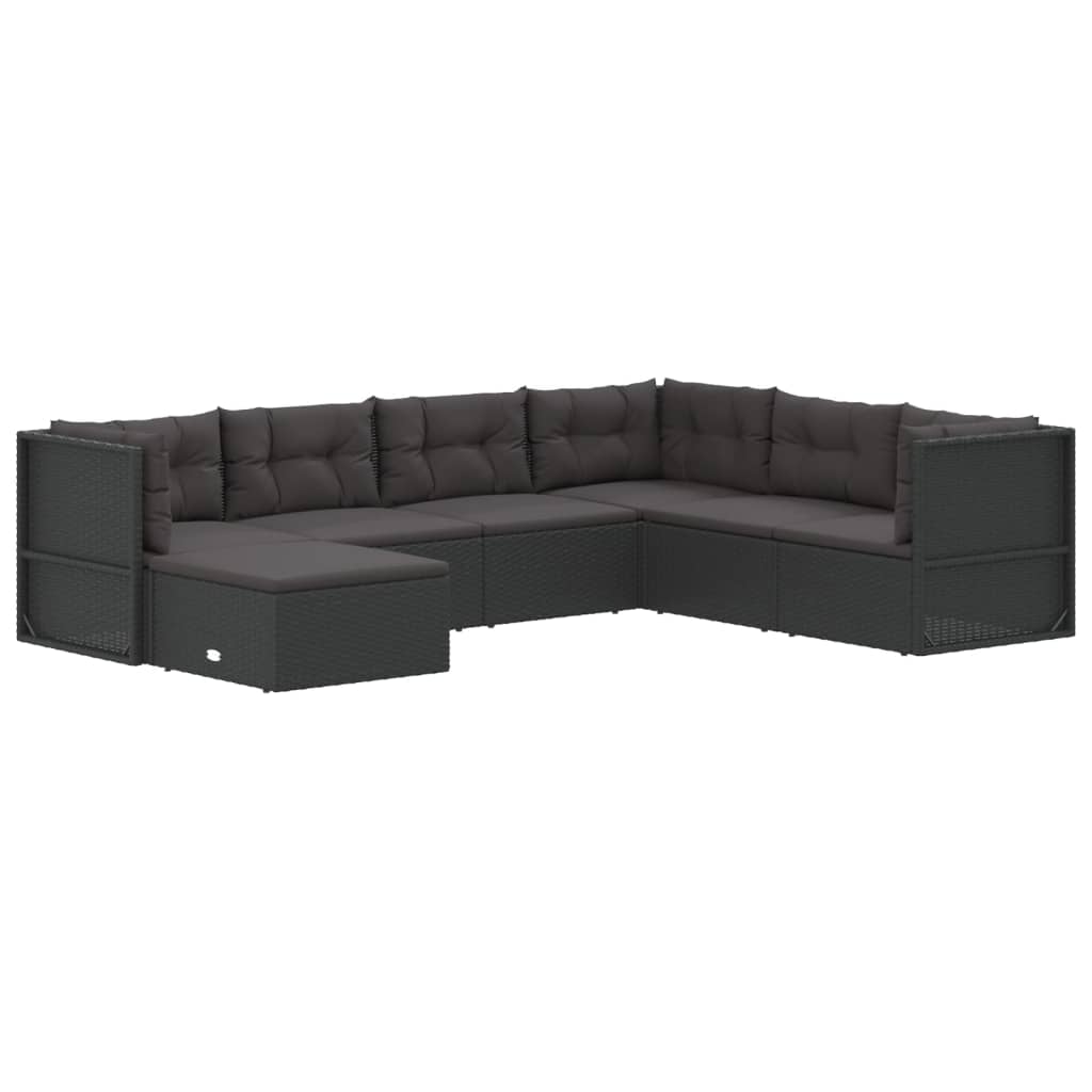7-tlg. Garten-Lounge-Set mit Kissen Schwarz Poly Rattan
