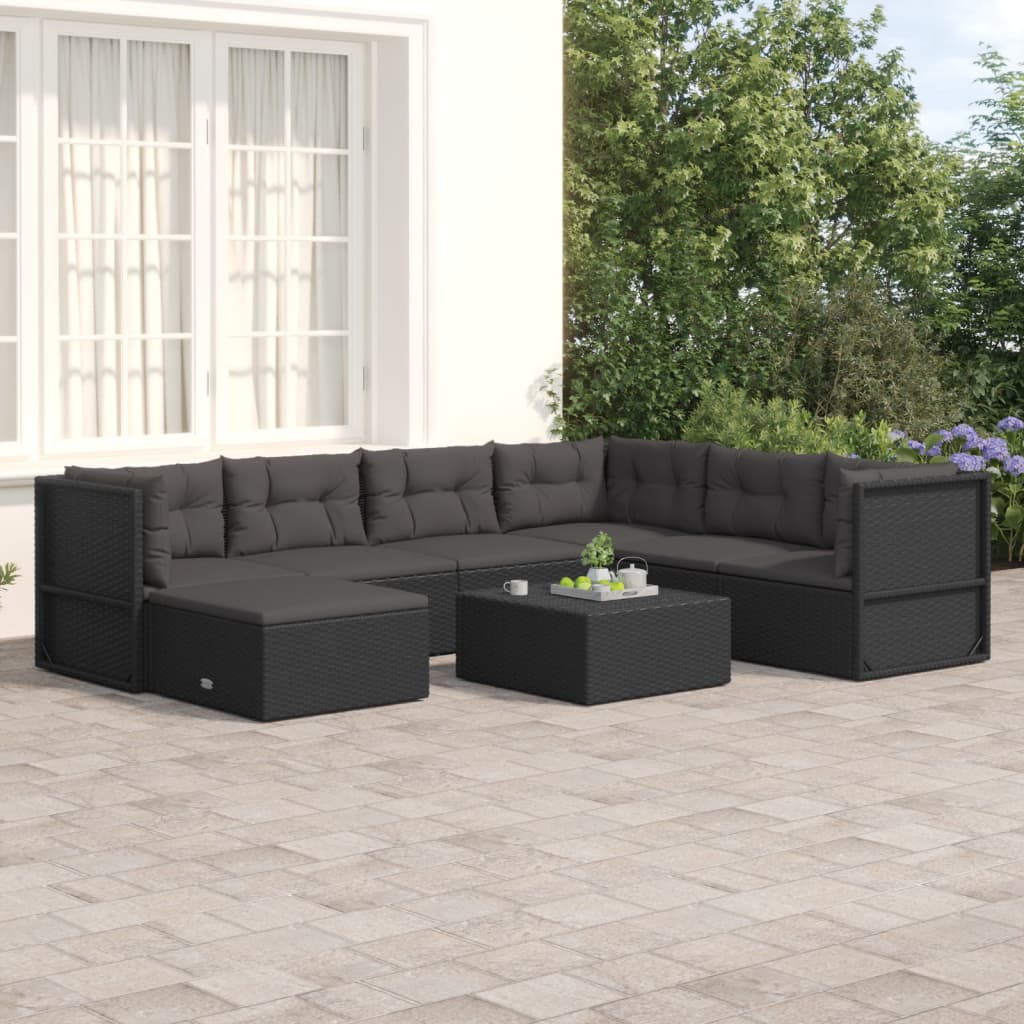 7-tlg. Garten-Lounge-Set mit Kissen Schwarz Poly Rattan