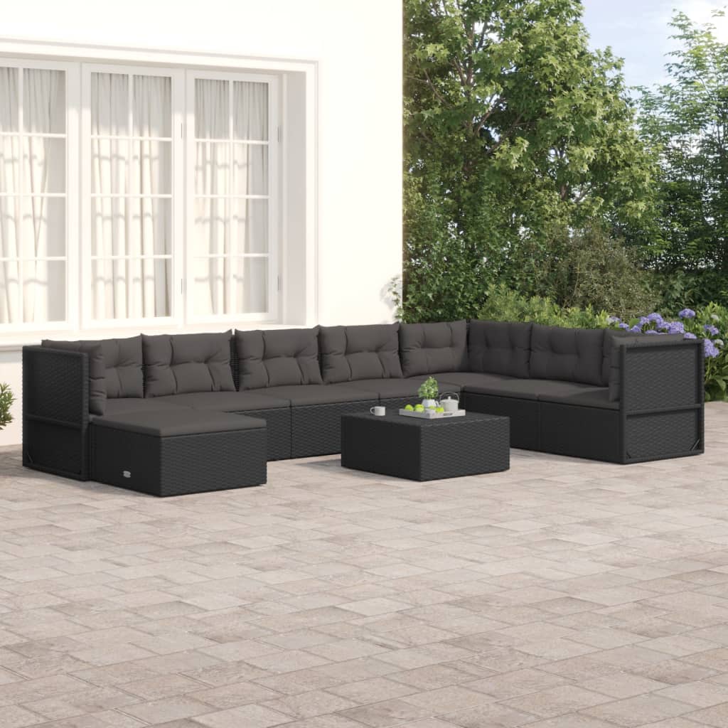 8-tlg. Garten-Lounge-Set mit Kissen Schwarz Poly Rattan