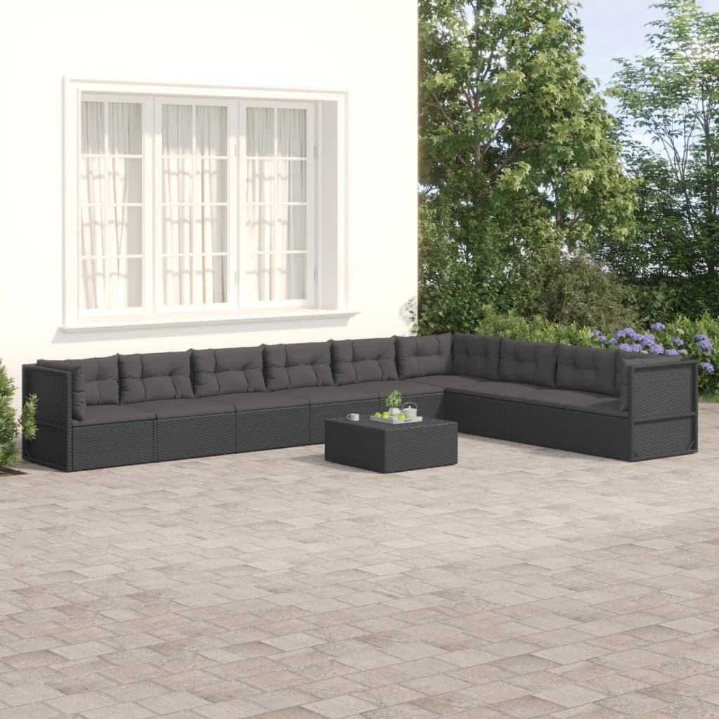 9-tlg. Garten-Lounge-Set mit Kissen Schwarz Poly Rattan
