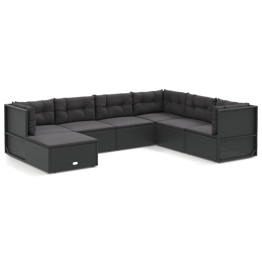 7-tlg. Garten-Lounge-Set mit Kissen Schwarz Poly Rattan