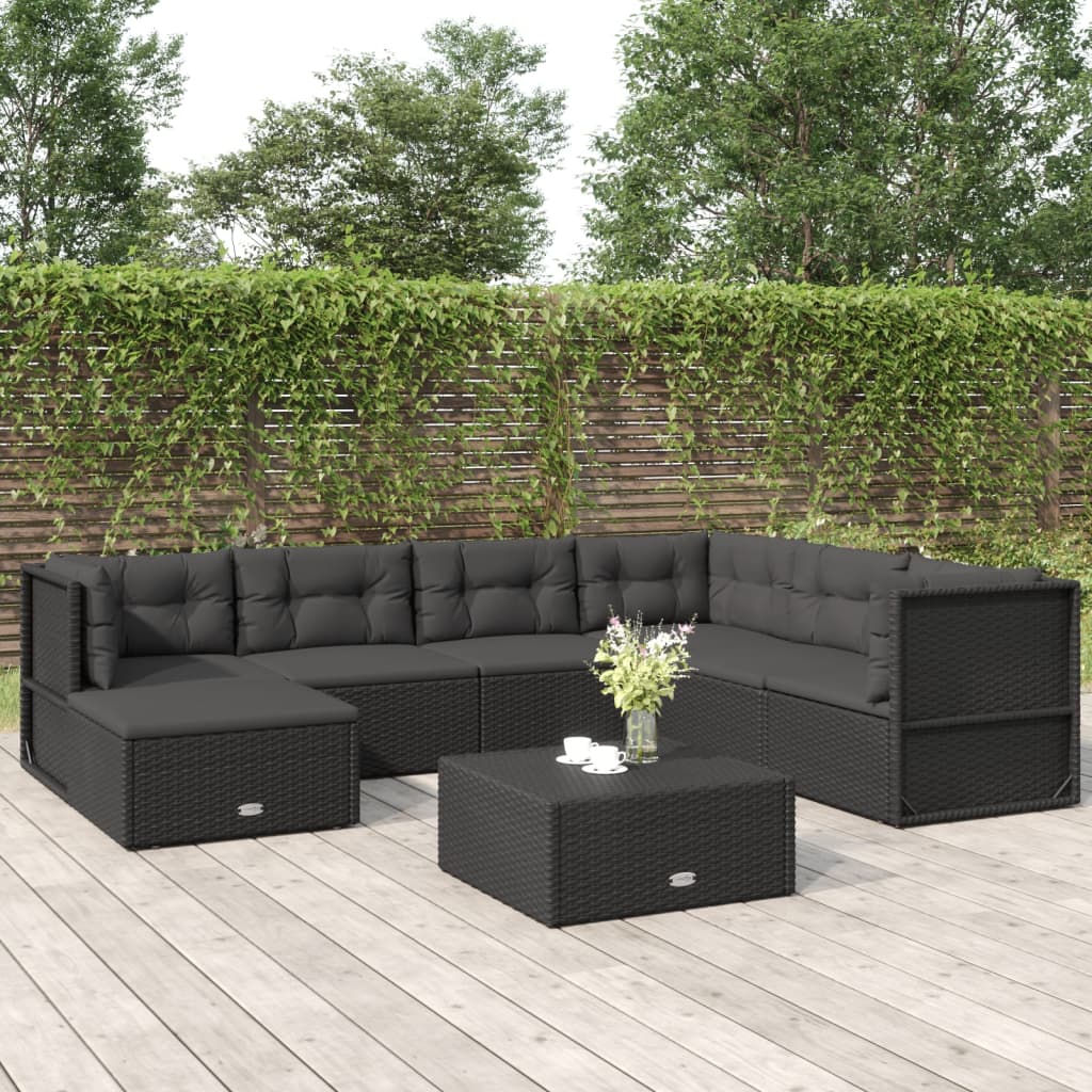 7-tlg. Garten-Lounge-Set mit Kissen Schwarz Poly Rattan