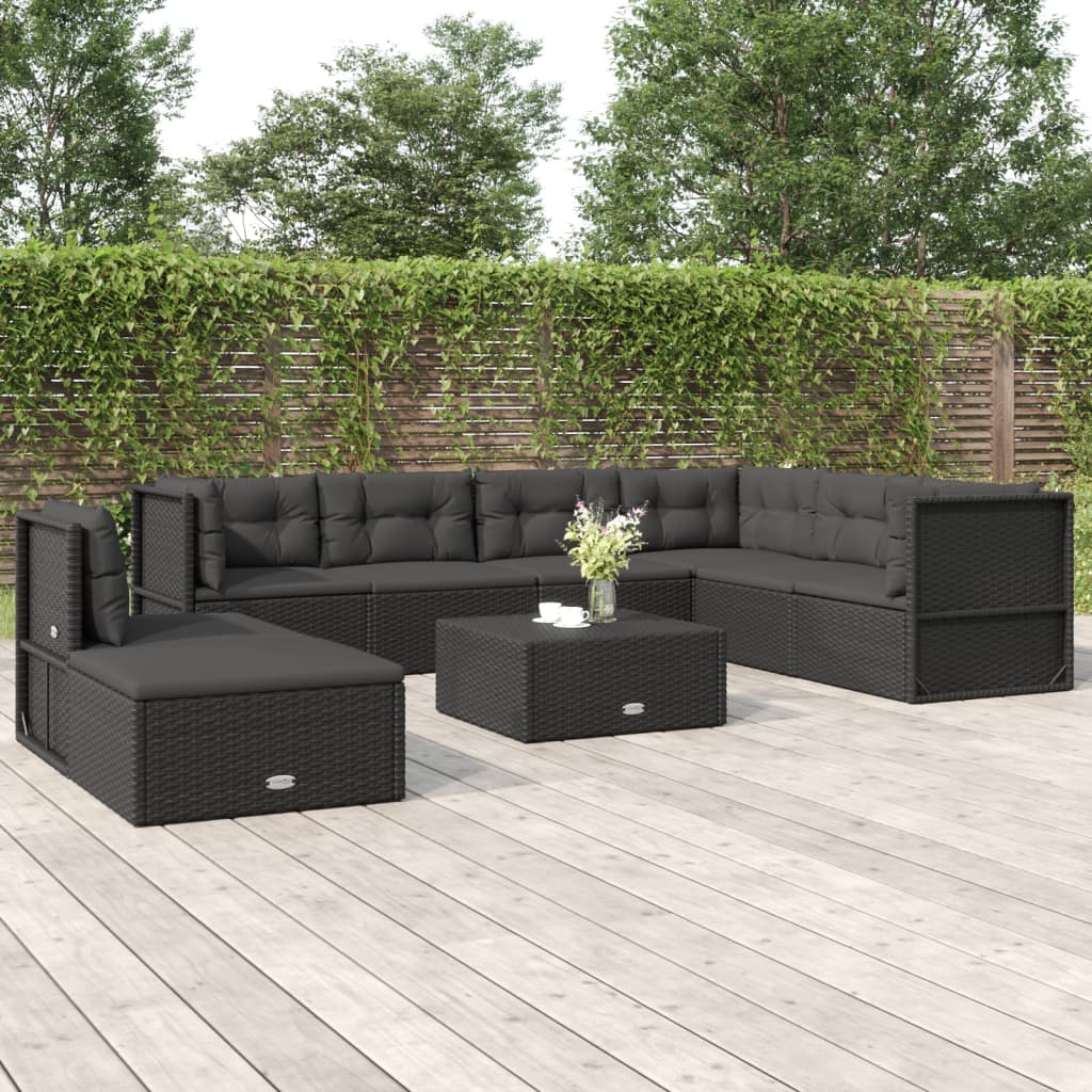 8-tlg. Garten-Lounge-Set mit Kissen Schwarz Poly Rattan