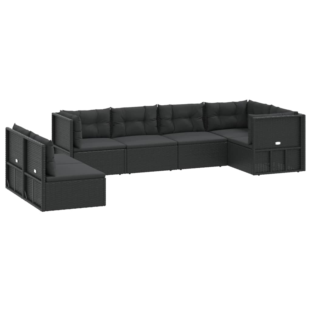 7-tlg. Garten-Lounge-Set mit Kissen Schwarz Poly Rattan