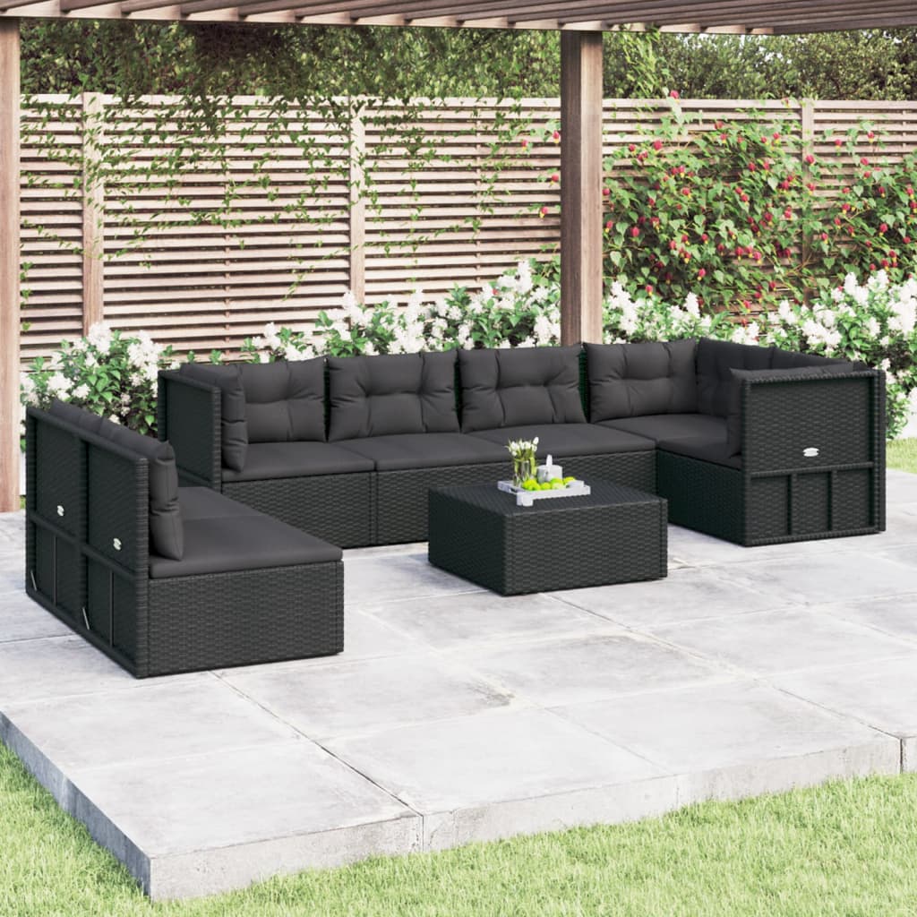 7-tlg. Garten-Lounge-Set mit Kissen Schwarz Poly Rattan