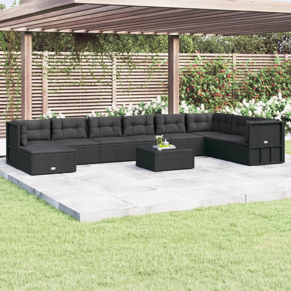 9-tlg. Garten-Lounge-Set mit Kissen Schwarz Poly Rattan