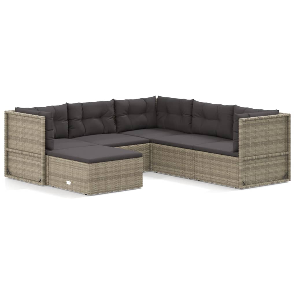 6-tlg. Garten-Lounge-Set mit Kissen Grau Poly Rattan