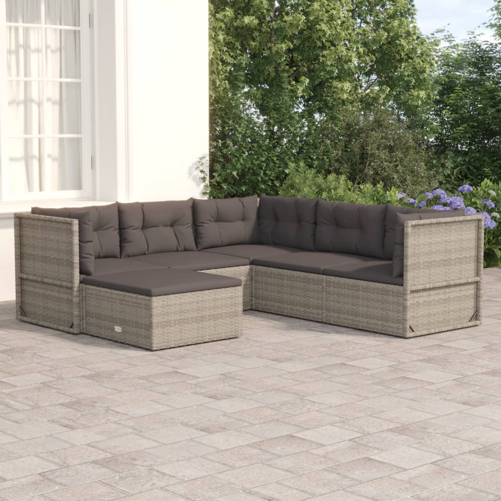 6-tlg. Garten-Lounge-Set mit Kissen Grau Poly Rattan