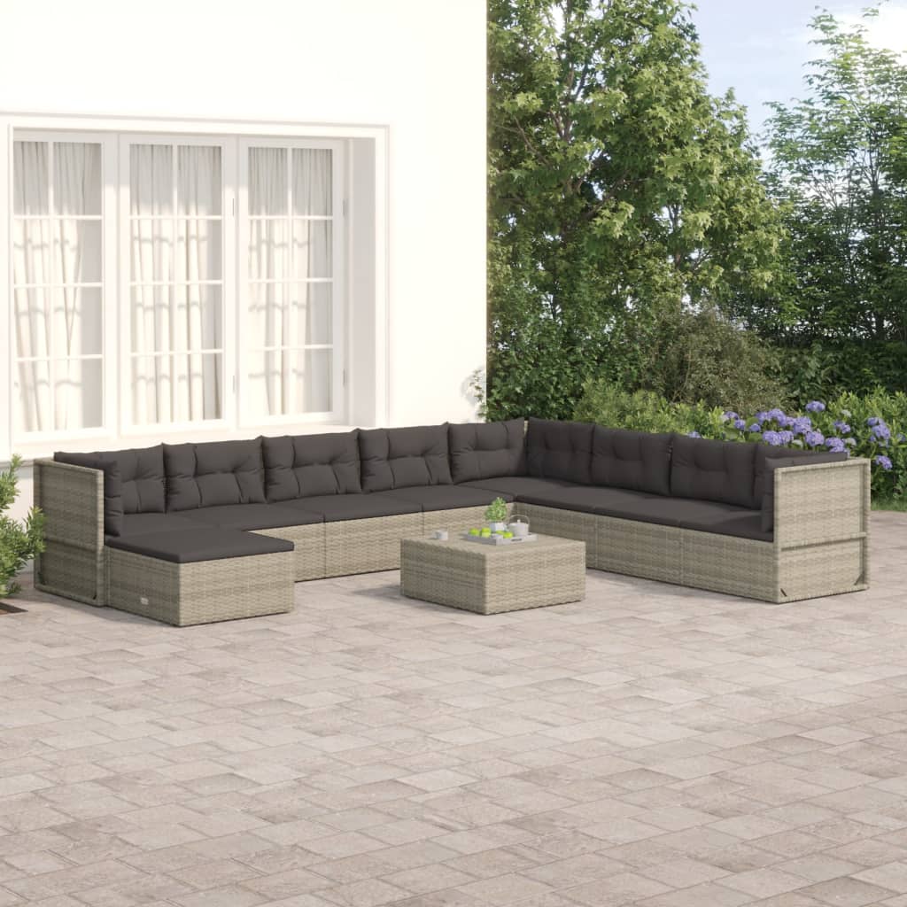 9-tlg. Garten-Lounge-Set mit Kissen Grau Poly Rattan