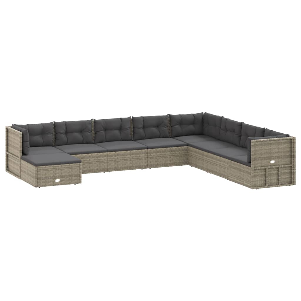9-tlg. Garten-Lounge-Set mit Kissen Grau Poly Rattan