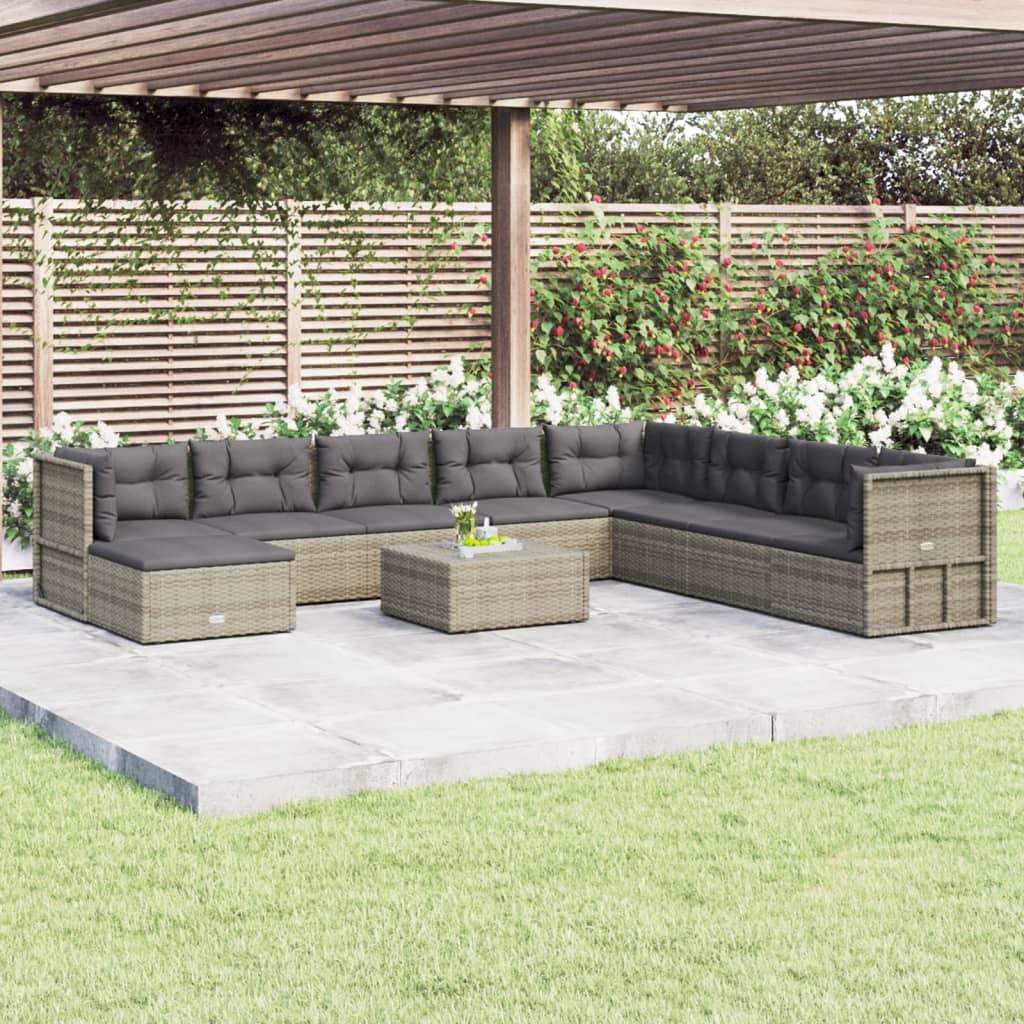 9-tlg. Garten-Lounge-Set mit Kissen Grau Poly Rattan