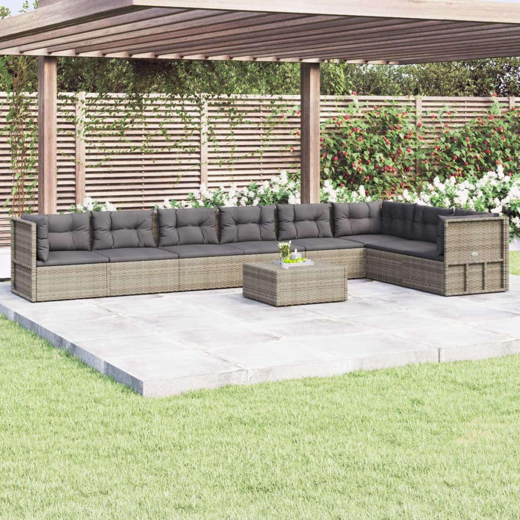 8-tlg. Garten-Lounge-Set mit Kissen Grau Poly Rattan