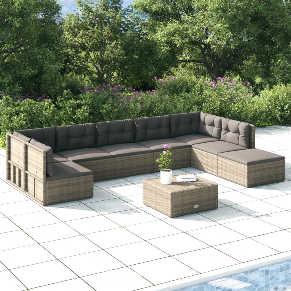 8-tlg. Garten-Lounge-Set mit Kissen Grau Poly Rattan