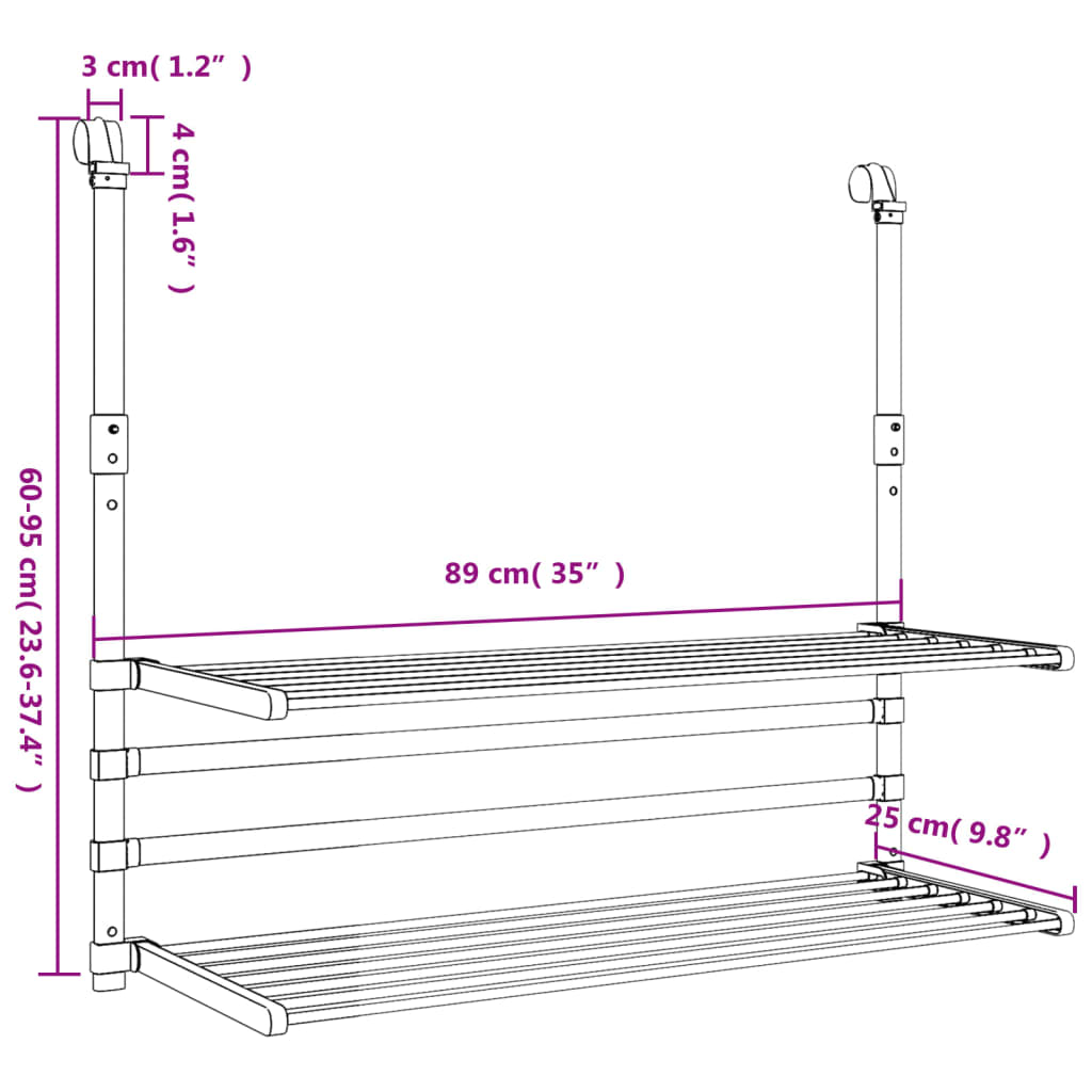 Wäschetrockner für Balkon 89x25x(60-95) cm Aluminium