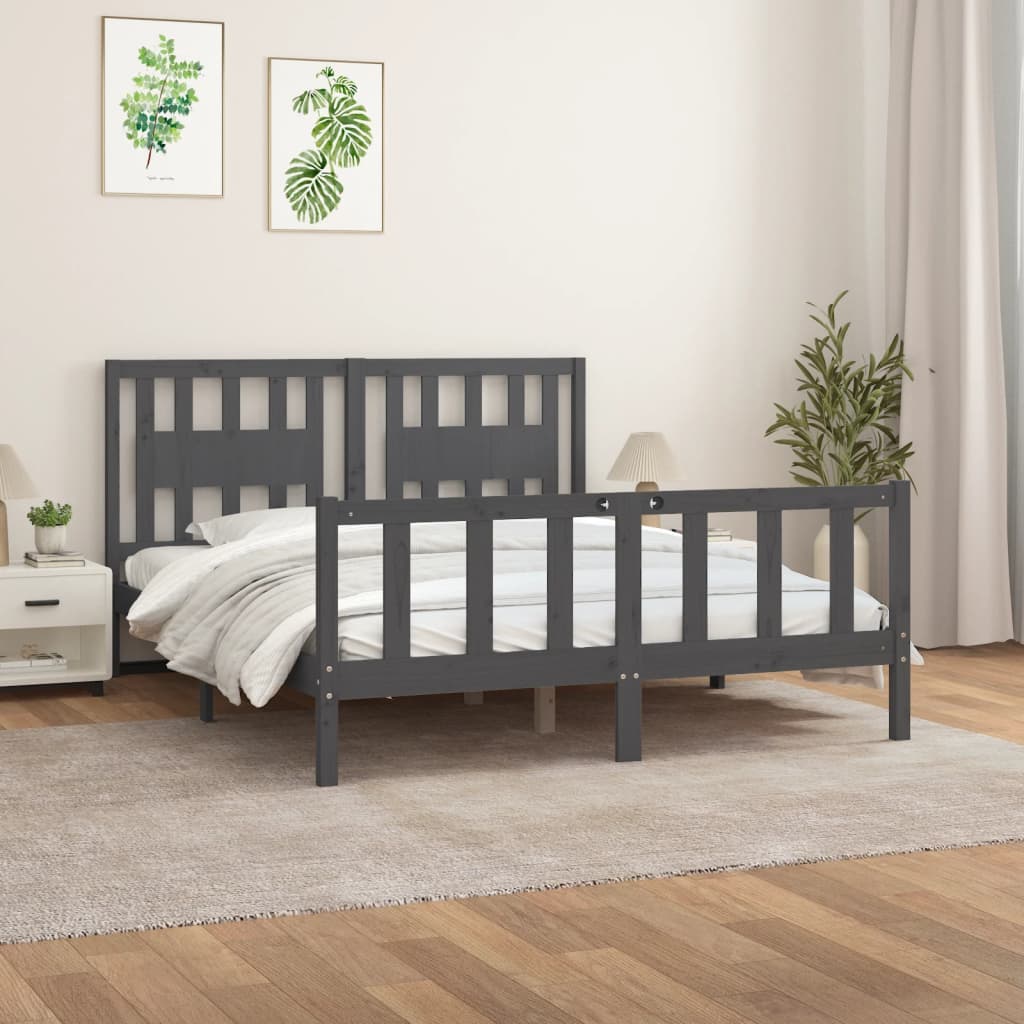 Massivholzbett mit Kopfteil Grau Kiefer 150x200cm 5FT King Size