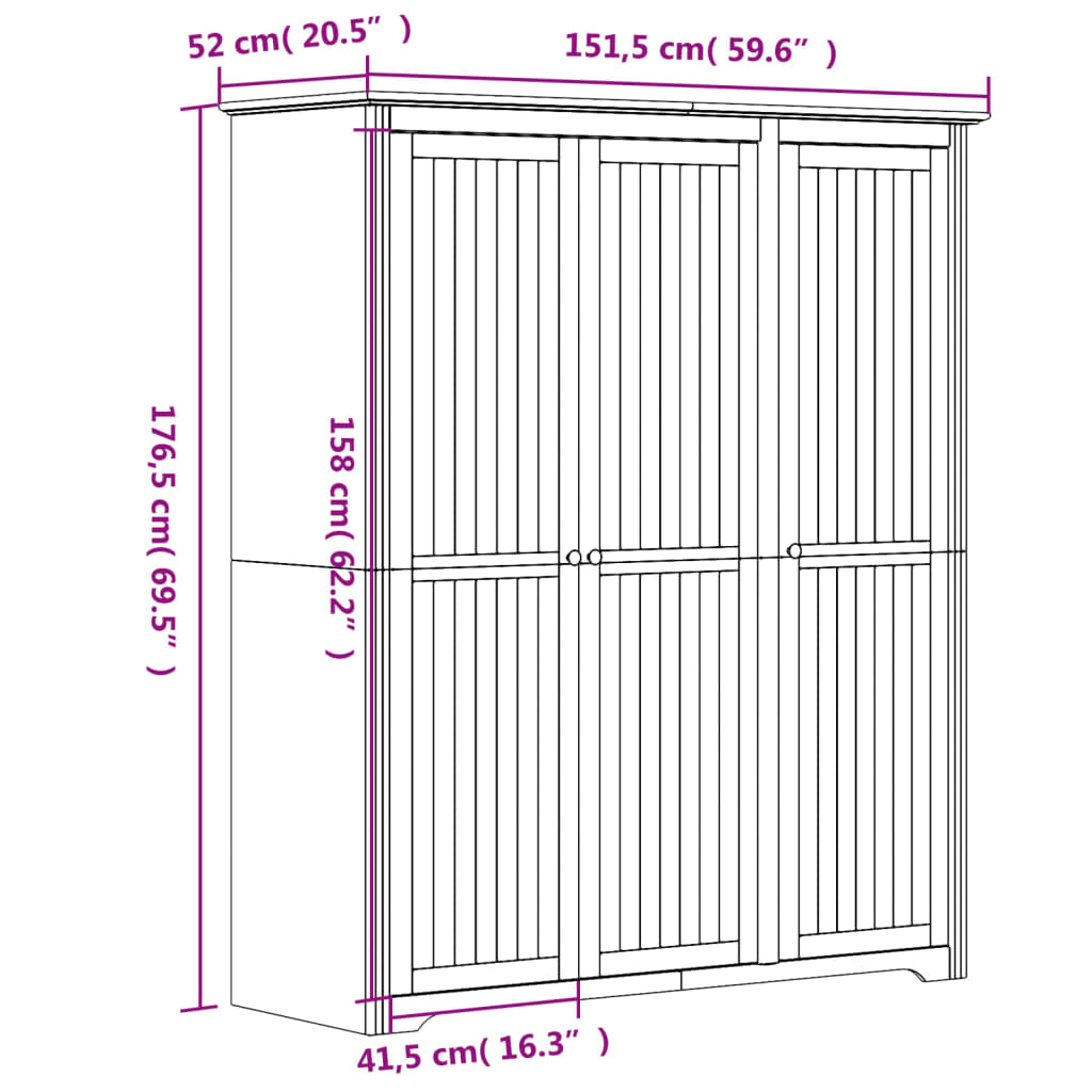 Kleiderschrank BODO Weiß 151,5x52x176,5 cm Massivholz Kiefer