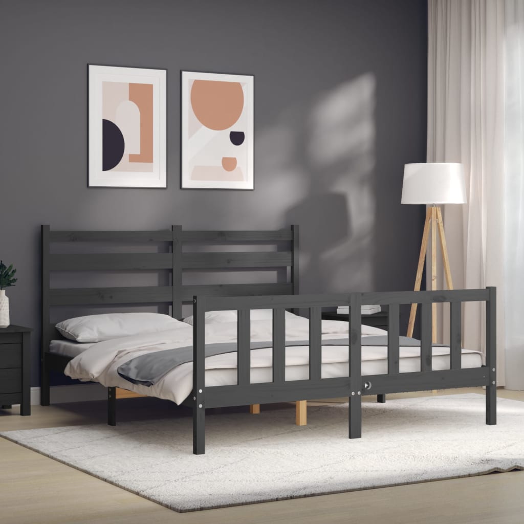 Massivholzbett mit Kopfteil Grau 5FT King Size