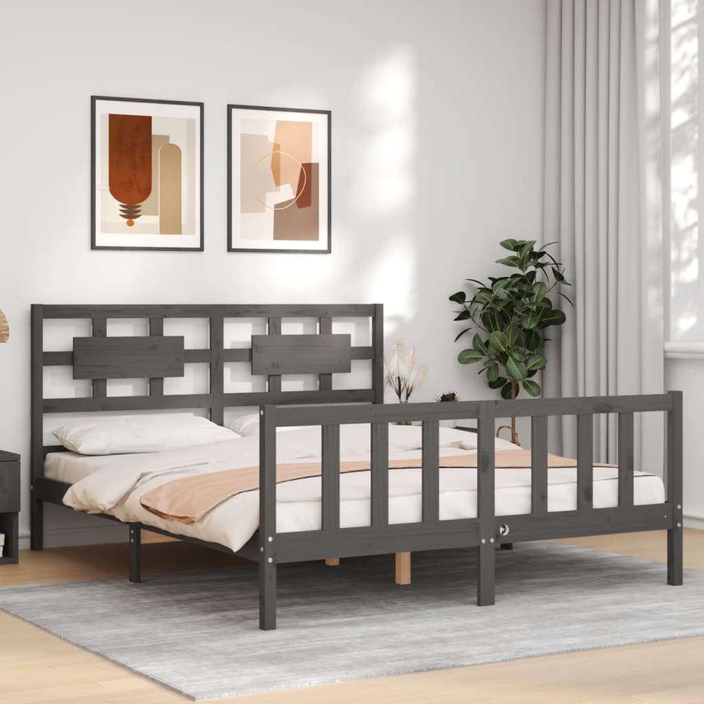 Massivholzbett mit Kopfteil Grau 5FT King Size