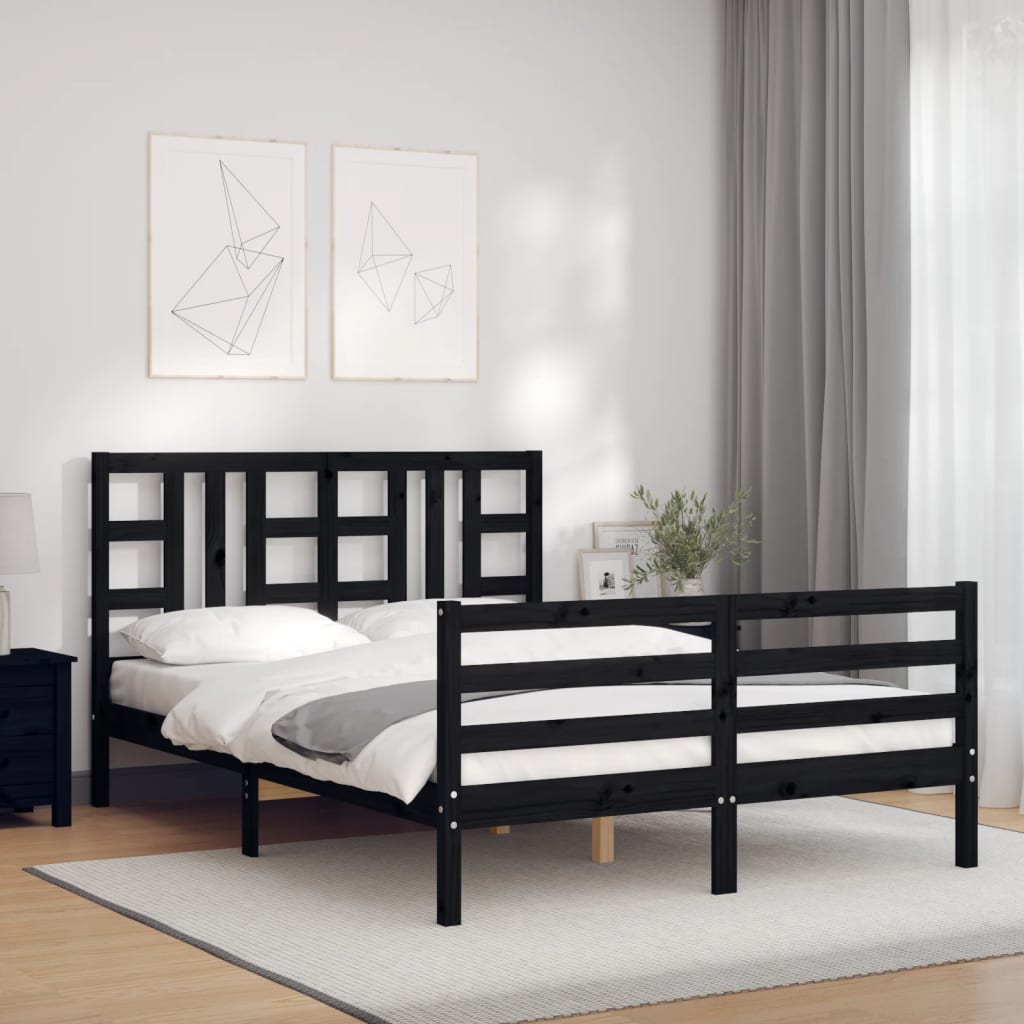 Massivholzbett mit Kopfteil Schwarz 4FT6 Double