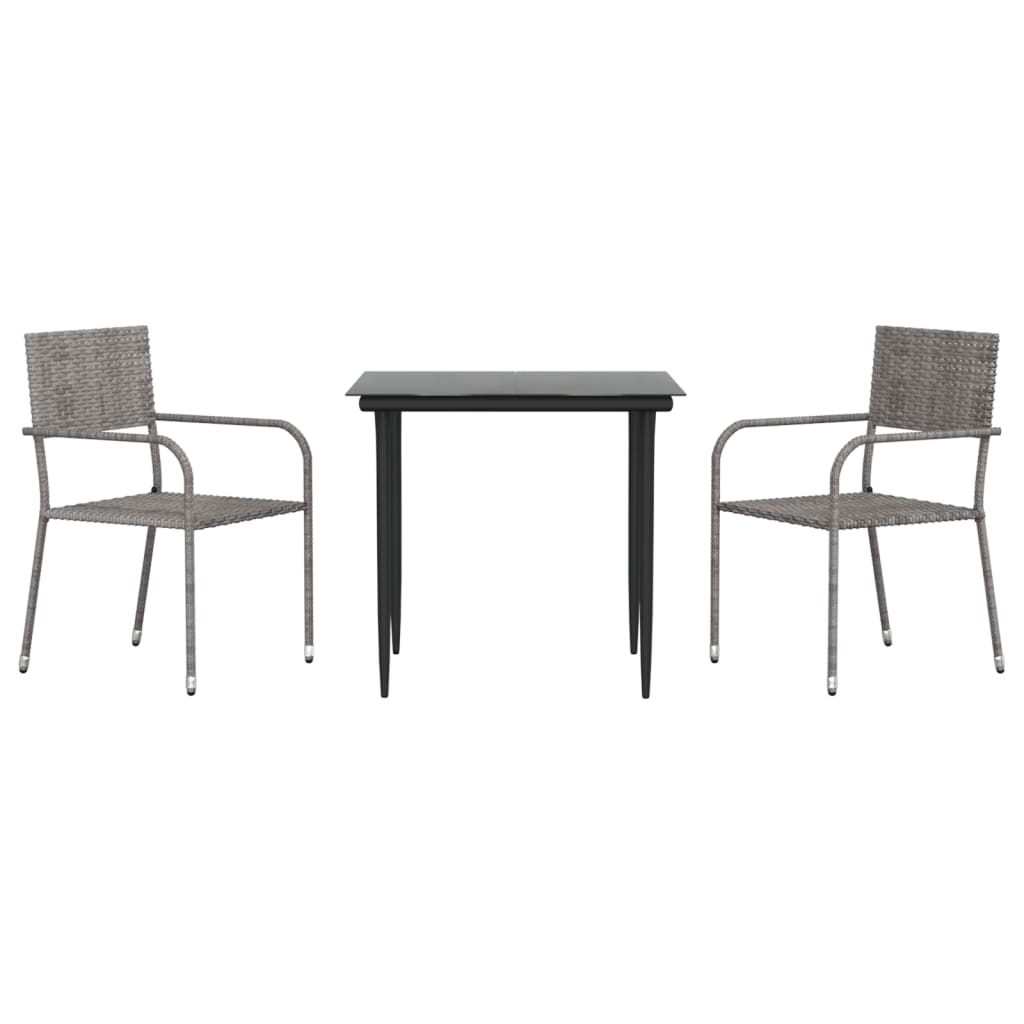 3-tlg. Garten-Essgruppe Grau und Schwarz Poly Rattan und Stahl