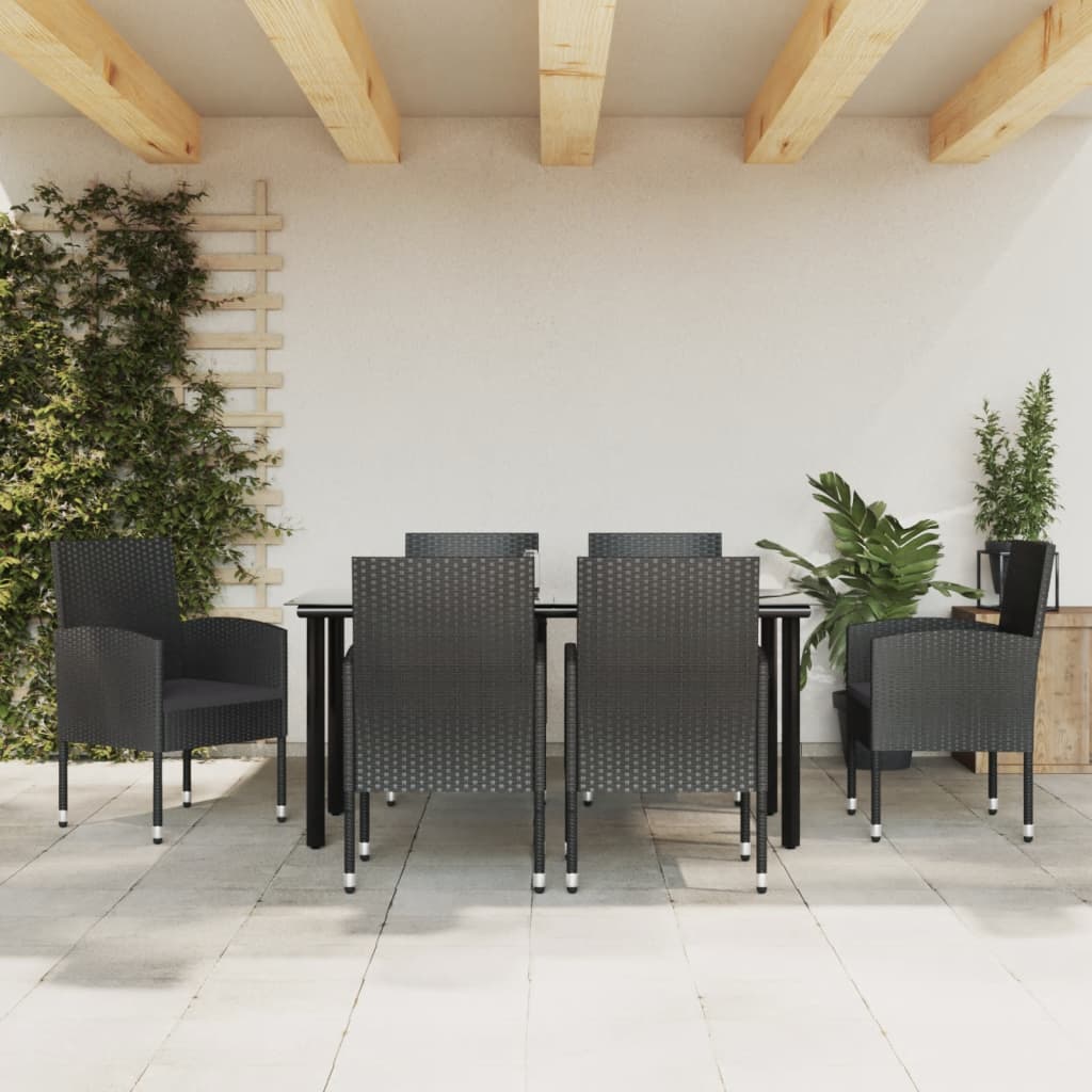 7-tlg. Garten-Essgruppe Schwarz Poly Rattan und Stahl
