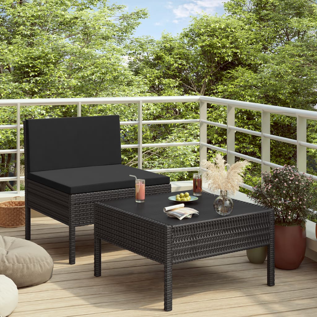2-tlg. Garten-Lounge-Set mit Kissen Schwarz Poly Rattan
